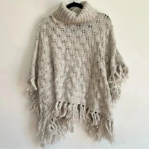 Quicksilver Tan Knit Poncho Sweater Fringe Shrug Wool Boho Turtle Neck Cream